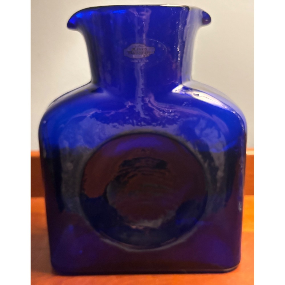 Vintage Blenko 384 Water Bottle Pitcher Cobalt Blue Double Spout Carafe